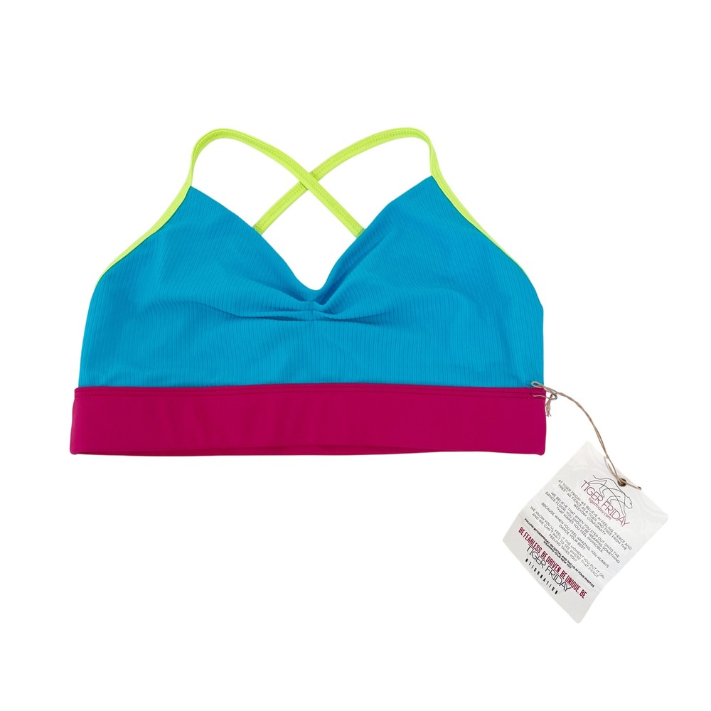 NEW Tiger Friday FX Bra Triple Threat Tahiti Blue Pink Lime Sports Bra MEDIUM